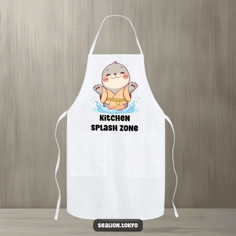 Funny sealion apron with a cheerful kimono-clad animal playfully splashing water with its paws, perfect for a fun chef.