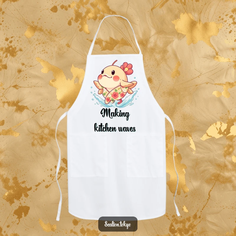 Funny plump seafish in a floral robe splashing water, on a kitchen apron, for joyful and humorous cooking.