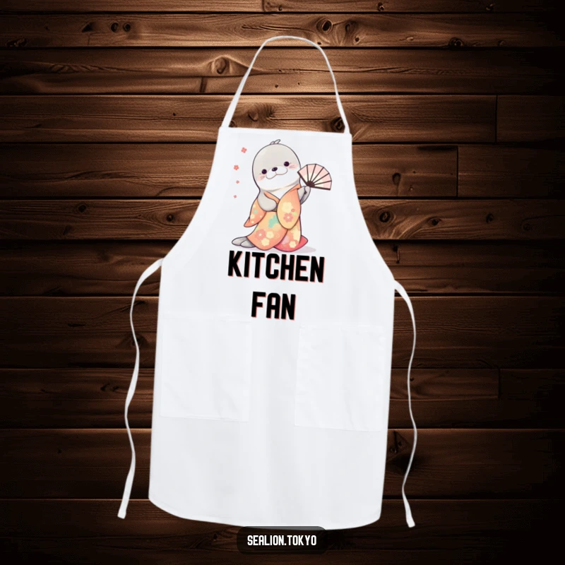 Funny apron designed with a sea lion in a colorful kimono, gracefully bowing while twirling a fan, ready for culinary arts.