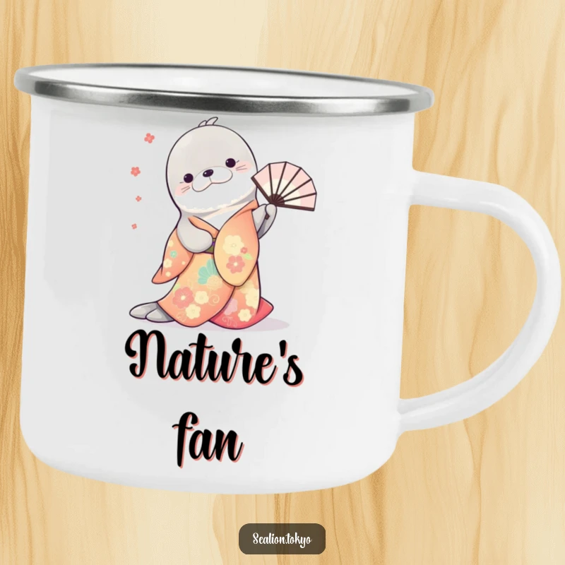 Funny enamel camping mug featuring a sea lion in a colorful kimono, gracefully bowing with a twirling fan, ready for the outdoors.