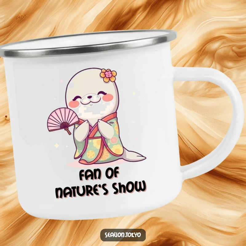 Funny Sealion Camping Mug: A sealion in a kimono bows with a fan, perfect for enjoying drinks on the go with a laugh.