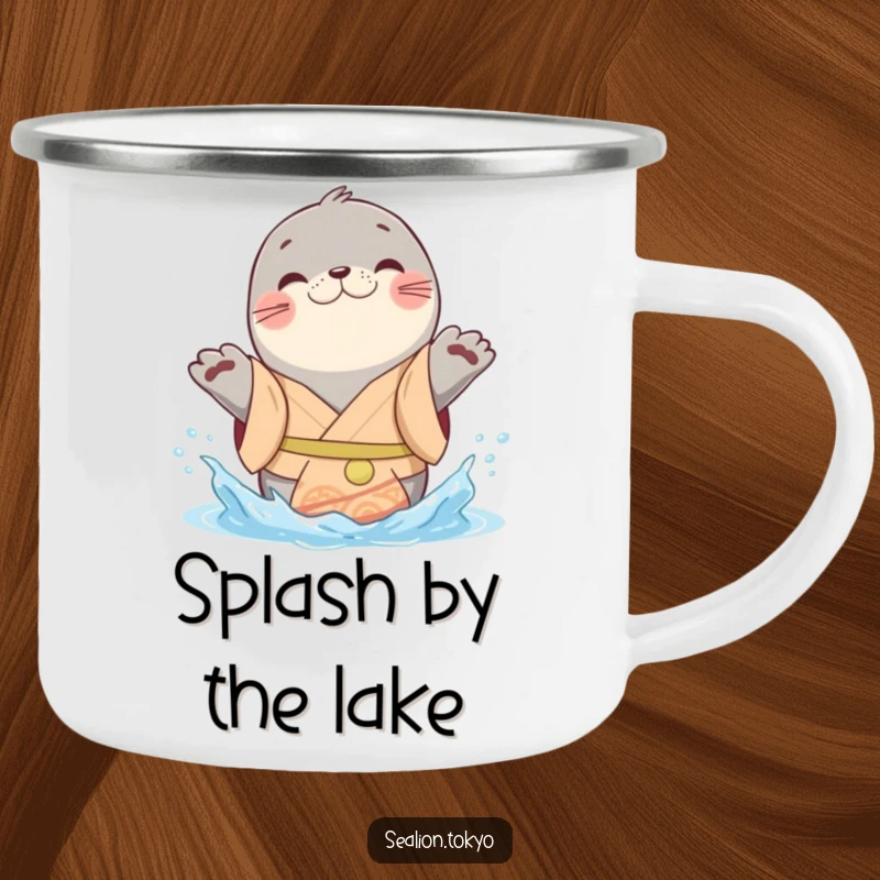 Funny sealion camping mug showing a cheerful kimono-clad animal playfully splashing water with its paws, ideal for fun outdoor moments.