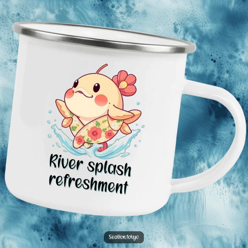 Funny plump seafish in a floral robe splashing water, on a camping mug, for joyful outdoor moments.
