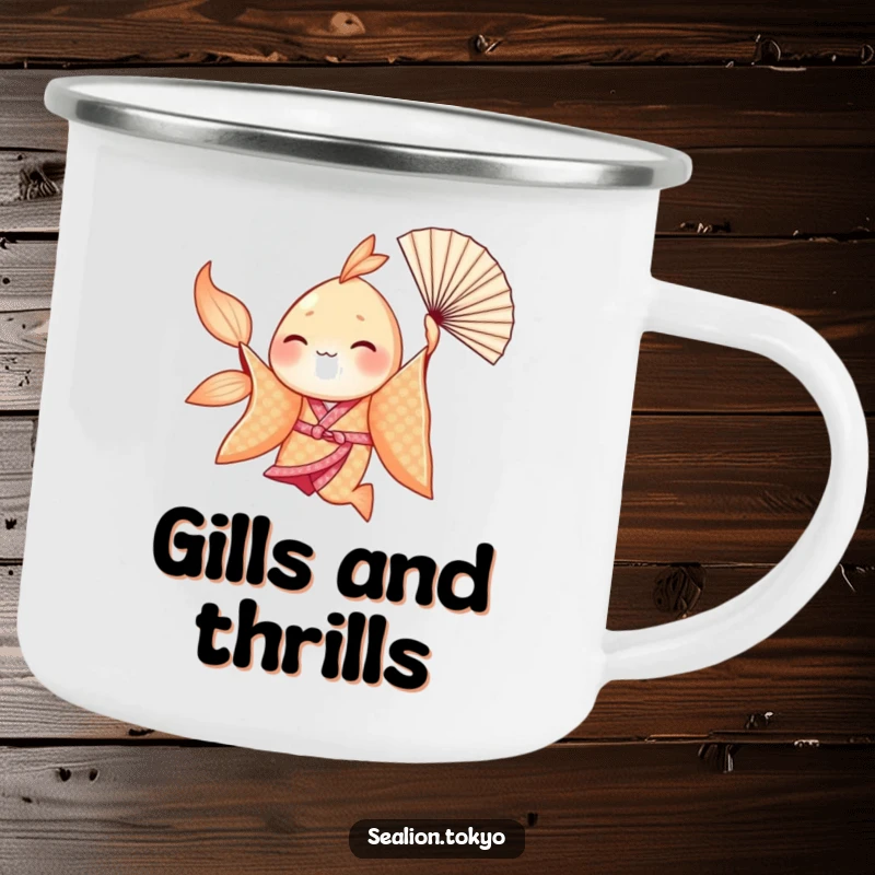 Funny Seafish Camping Mug: Seafish in a shimmering kimono gracefully spinning with a fan, ideal for adventures.