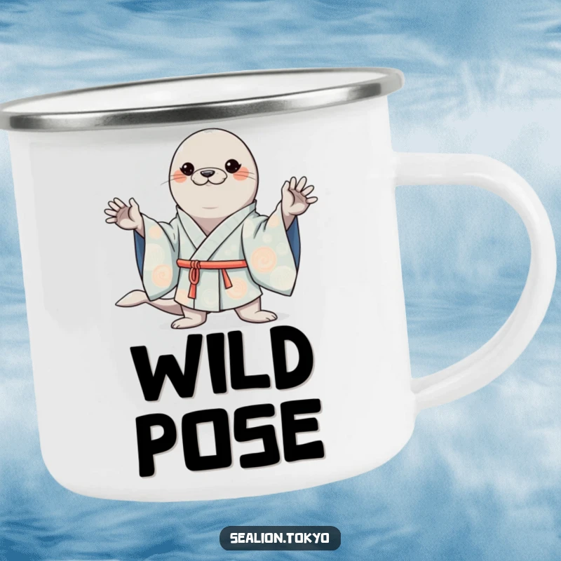 Funny enamel camping mug featuring a kawaii sea lion striking a confident pose in a wide-sleeved kimono, ready for the outdoors.