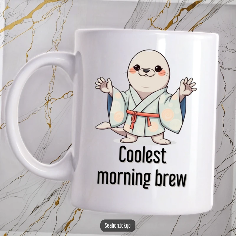 Funny mug showcasing a kawaii sea lion striking a confident pose in a stylish, wide-sleeved kimono, radiating cuteness.