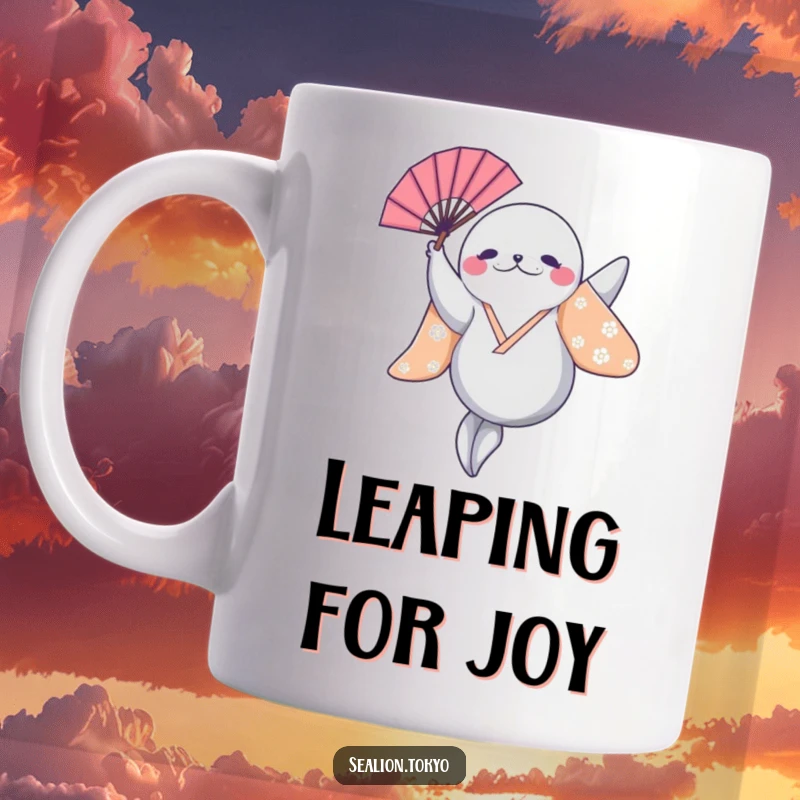 Funny Sealion Mug: An energetic sealion leaps gracefully in a bright kimono, fan aloft, embodying joy and movement.