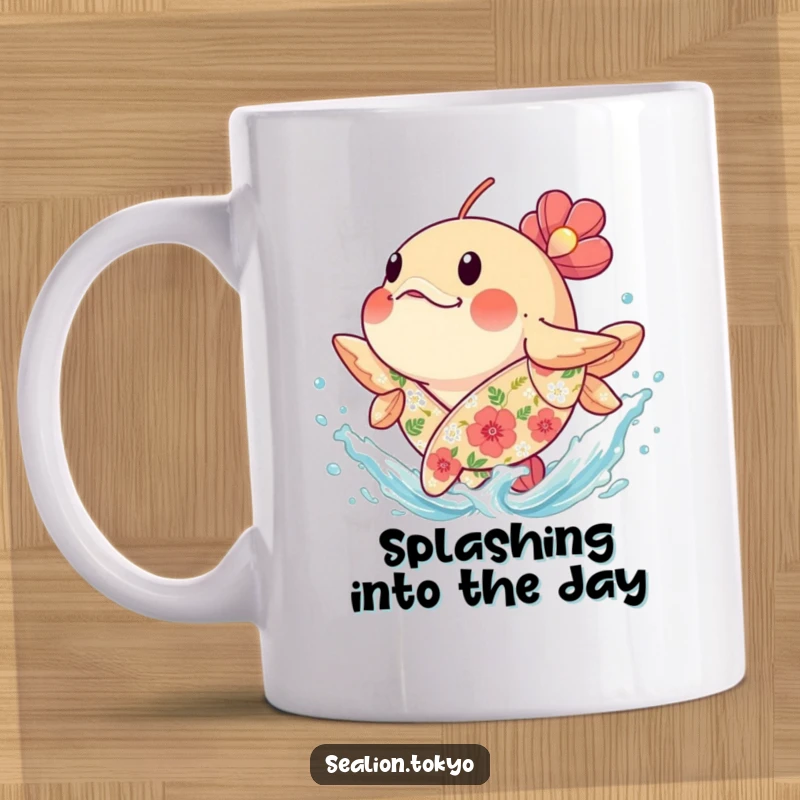 Funny plump seafish in a floral robe joyfully splashing water, on a mug, bringing aquatic fun and humor.