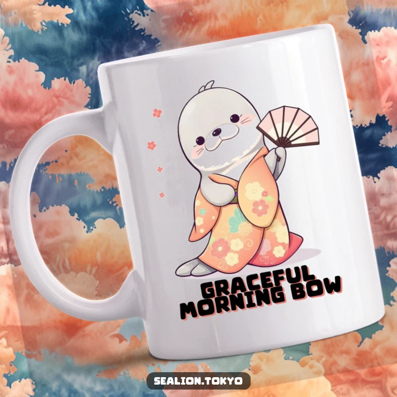 Funny mug showing a sea lion in a vibrant kimono, performing a graceful bow while elegantly twirling a fan.
