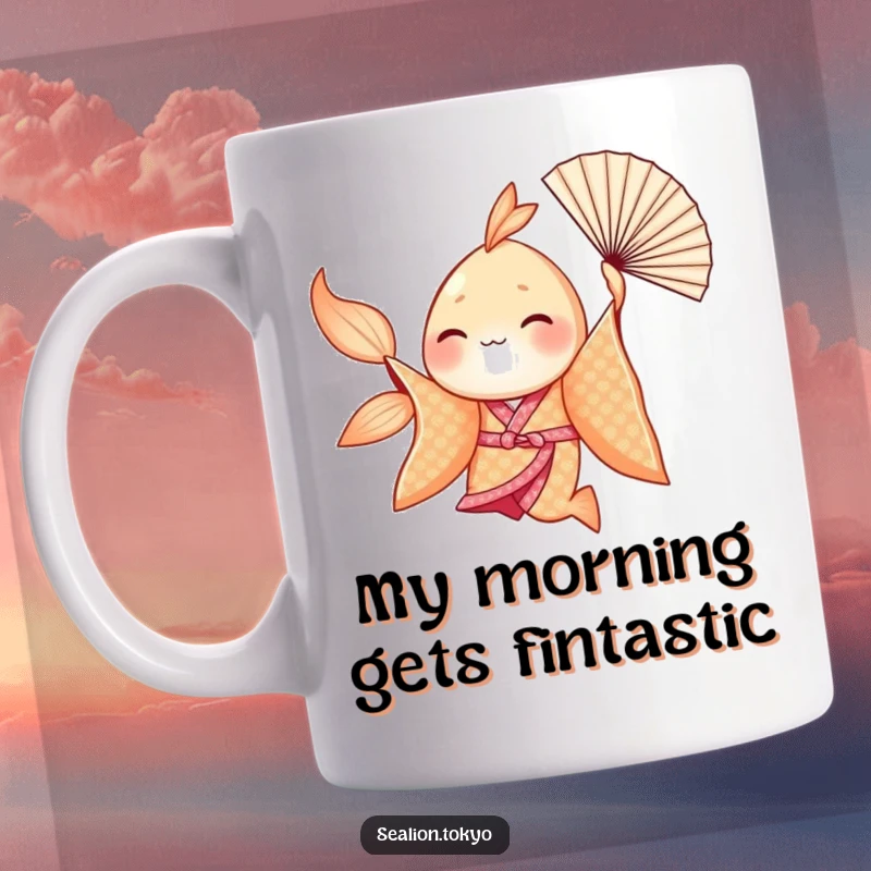 Funny Seafish Mug: Graceful dancer in a shimmering kimono spins with a fan, perfect elegant and humorous gift.