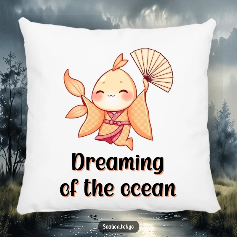 Funny Seafish Pillow: Elegant seafish in a shimmering kimono spinning with a fan, soft and humorous decor.