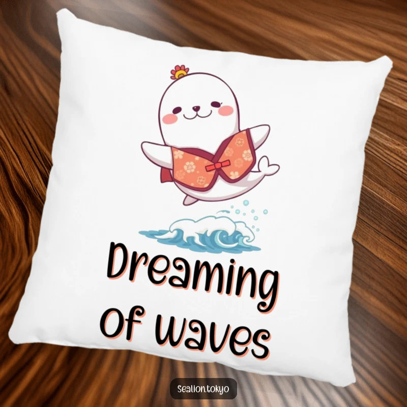 Funny pillow featuring a sea lion in a festive kimono, joyfully leaping over a wave, perfect for adding cheerful comfort.