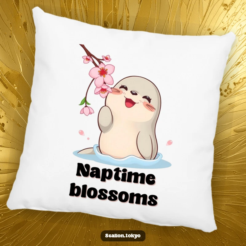 Funny pillow featuring a happy, rotund sea lion playfully batting at a sweet cherry blossom, perfect for adding cheer.
