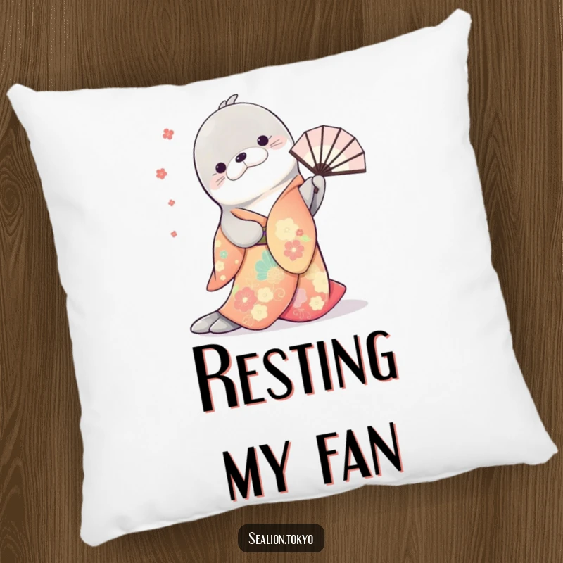 Funny pillow featuring a sea lion in a colorful kimono, gracefully bowing with a twirling fan, adding elegance to comfort.