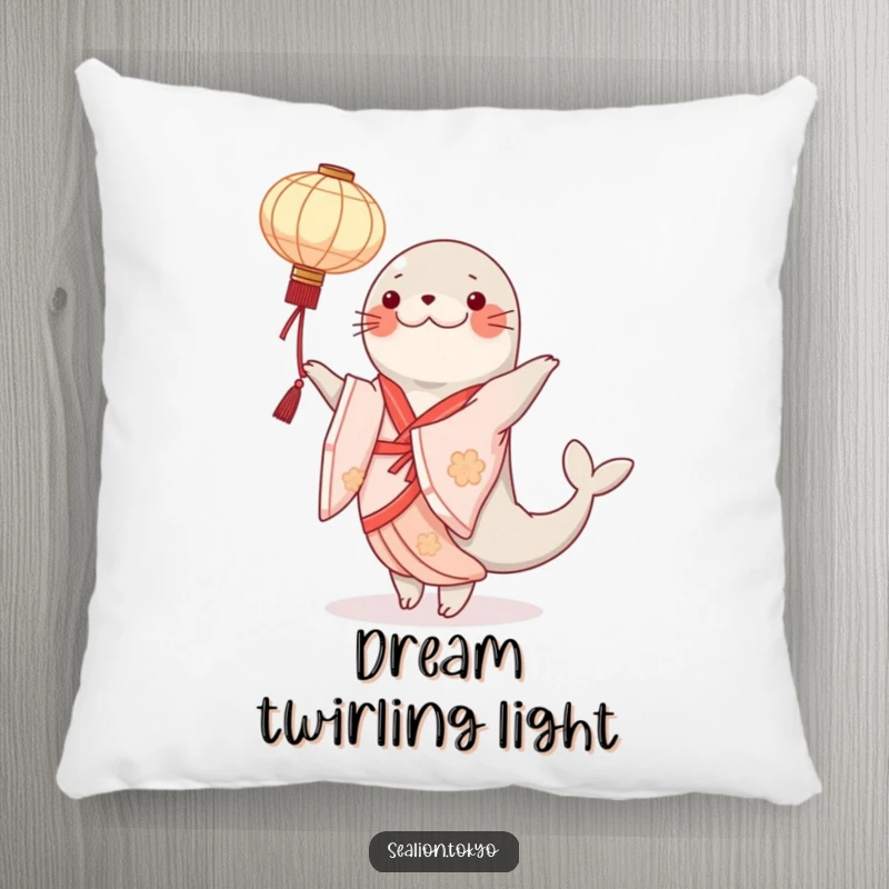 Funny sealion pillow featuring an elegant kimono-clad dancer gracefully twirling a paper lantern, soft, comfortable, and artistic.