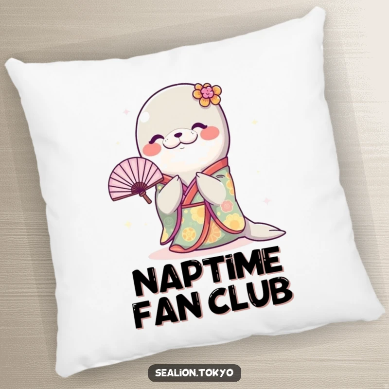 Funny Sealion Pillow: A soft cushion featuring a sealion in a kimono bowing with a fan, offering comfort and humor.