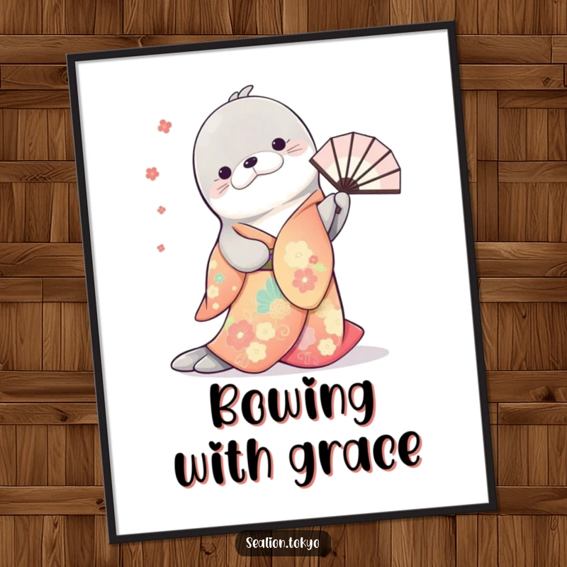 Funny digital art print of a sea lion in a vibrant kimono, gracefully bowing with a beautifully twirling fan.