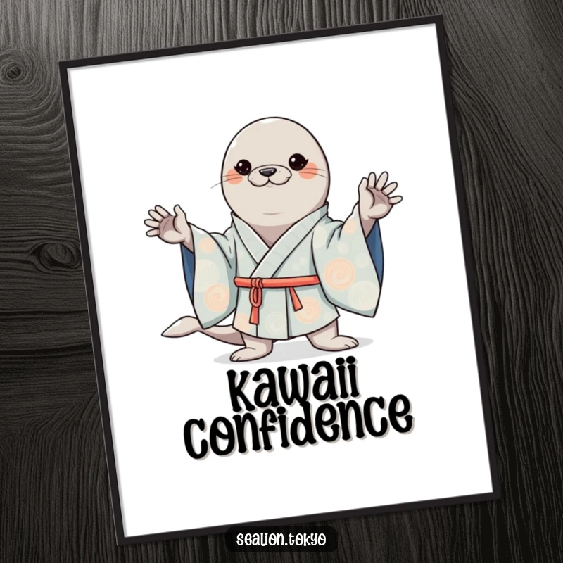 Funny digital art print of a kawaii sea lion striking a confident pose in a stylish, wide-sleeved kimono.