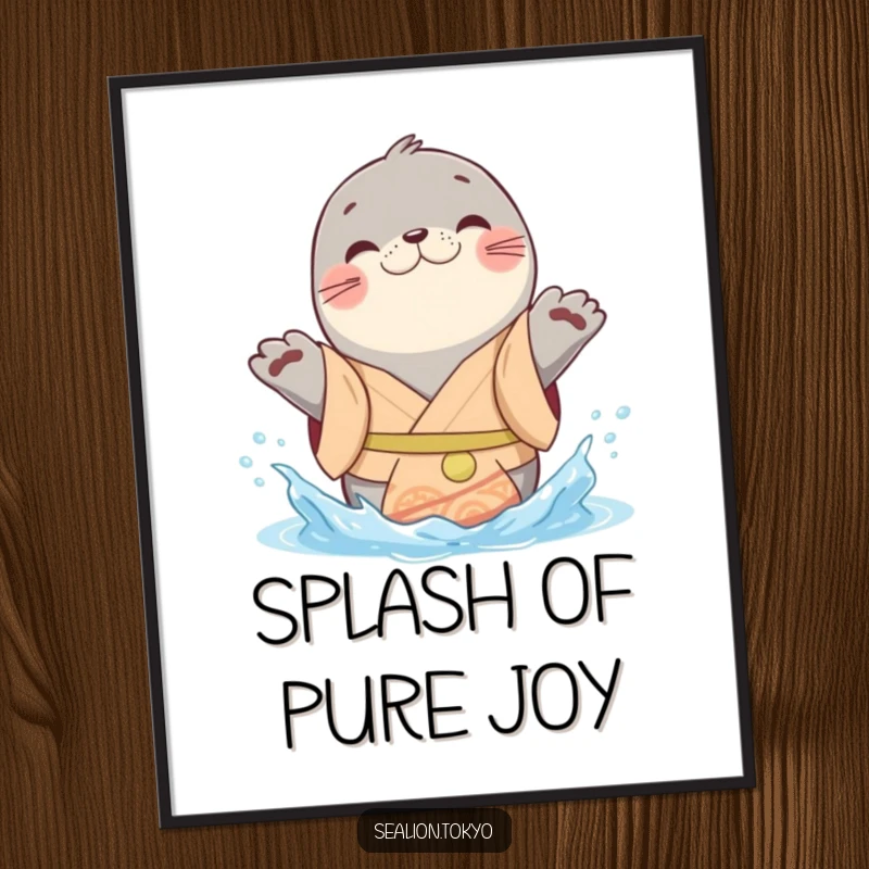 Funny sealion digital art print of a cheerful kimono-clad animal playfully splashing water with its paws, full of joy.
