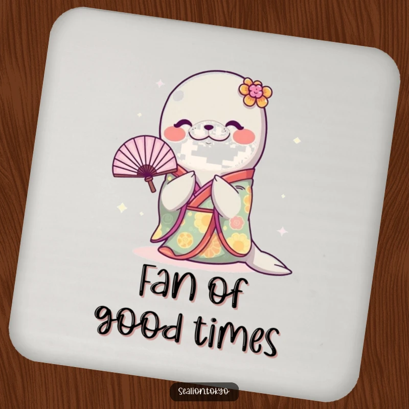 Funny Sealion Coaster: A coaster featuring a sealion in a kimono bowing with a fan, offering protection and humor.