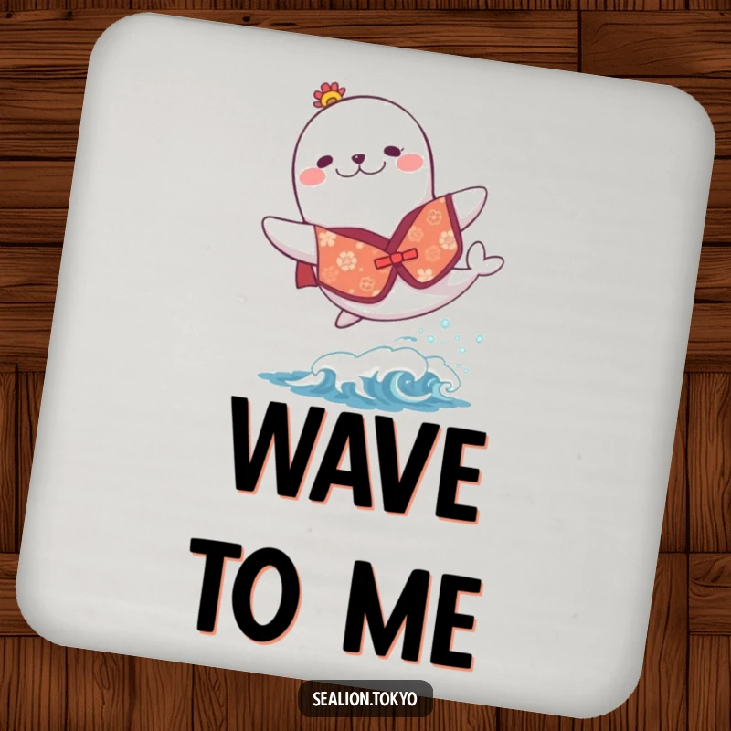 Funny drink coasters featuring a sea lion in a festive kimono, joyfully leaping over a wave, adding cheerful fun to any surface.