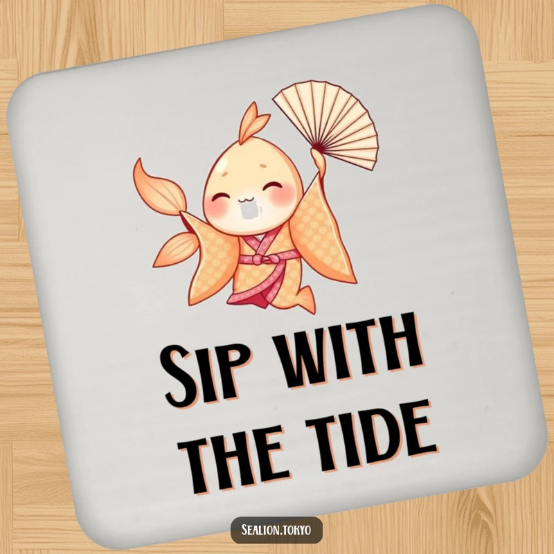 Funny Seafish Coaster: Seafish in a shimmering kimono spinning with a fan, protects surfaces with humor.