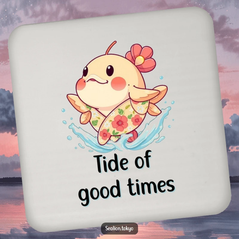 Funny plump seafish splashing water, on a drink coaster, adding joyful and humorous aquatic decor.