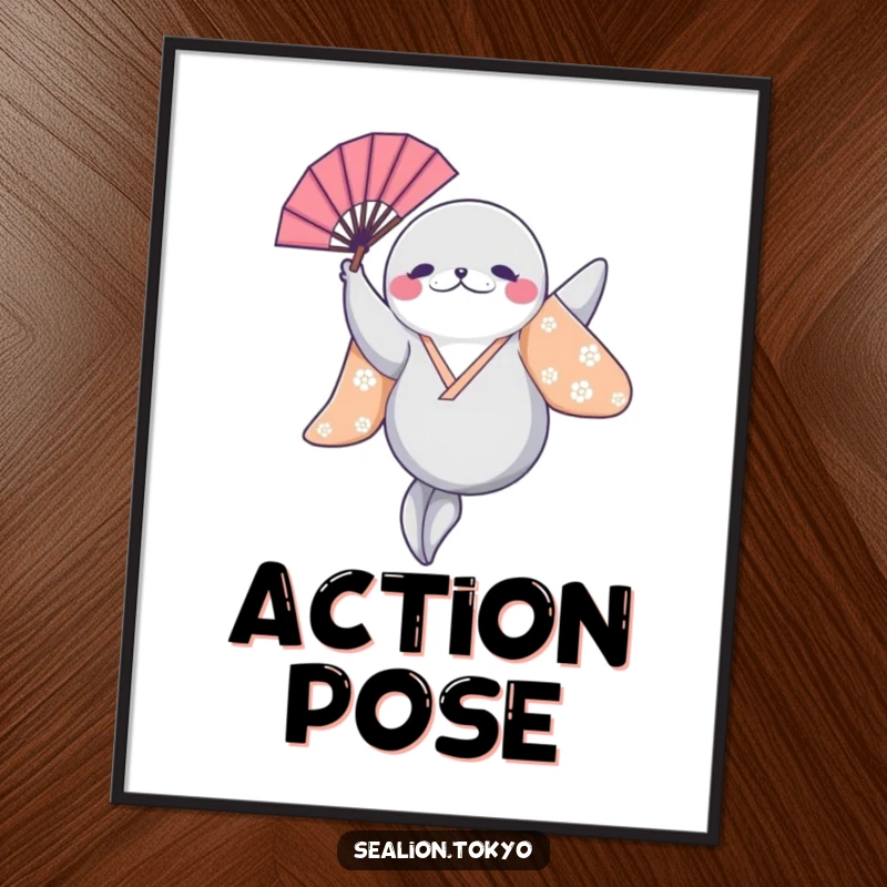 Funny Sealion Poster: Vibrant art of a sealion leaping in a bright kimono with a fan, capturing energetic joy.