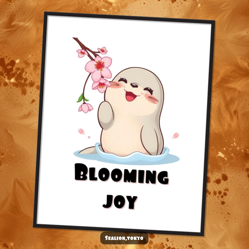 Funny poster showcasing a round, happy sea lion using its flippers to playfully bat at a beautiful, dangling cherry blossom.