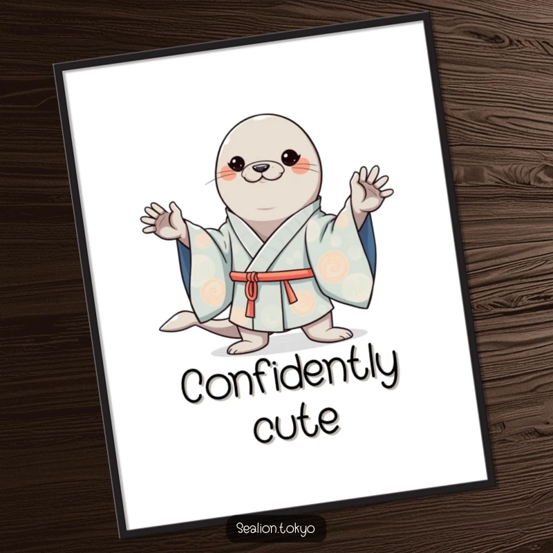 Funny poster of a kawaii sea lion striking a confident pose in a stylish, wide-sleeved kimono, adding cute decor.
