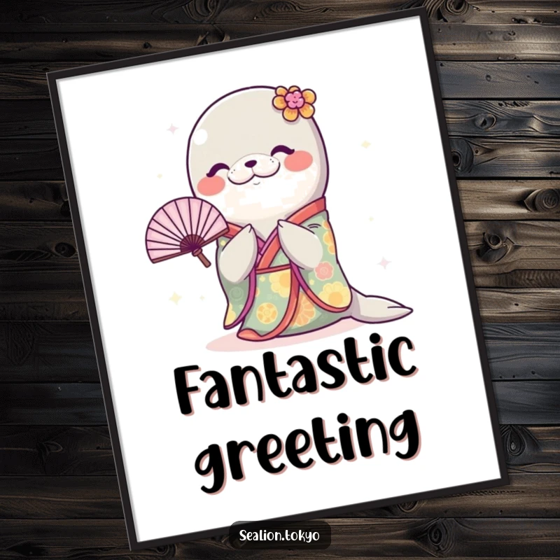 Funny Sealion Poster: A vibrant artwork of a sealion in a kimono bowing with a fan, adding charm to any room.