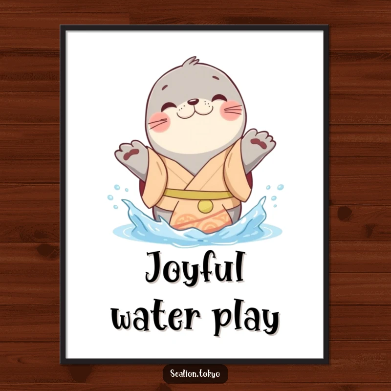 Funny sealion poster of a cheerful kimono-clad animal playfully splashing water with its paws, bringing vibrant joy.