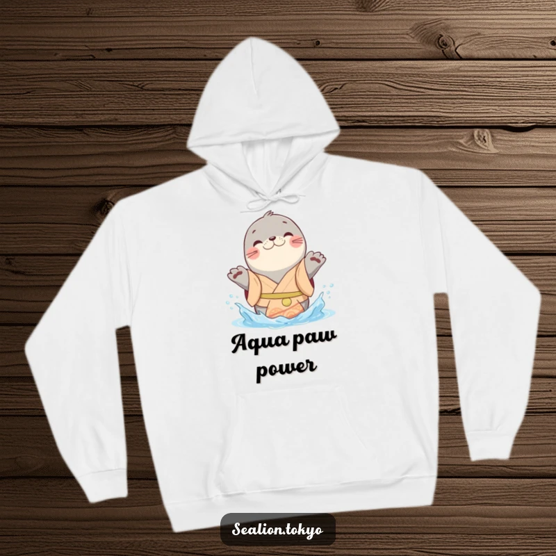 Funny sealion hoodie depicting a cheerful kimono-clad animal playfully splashing water with its paws, cozy and fun.