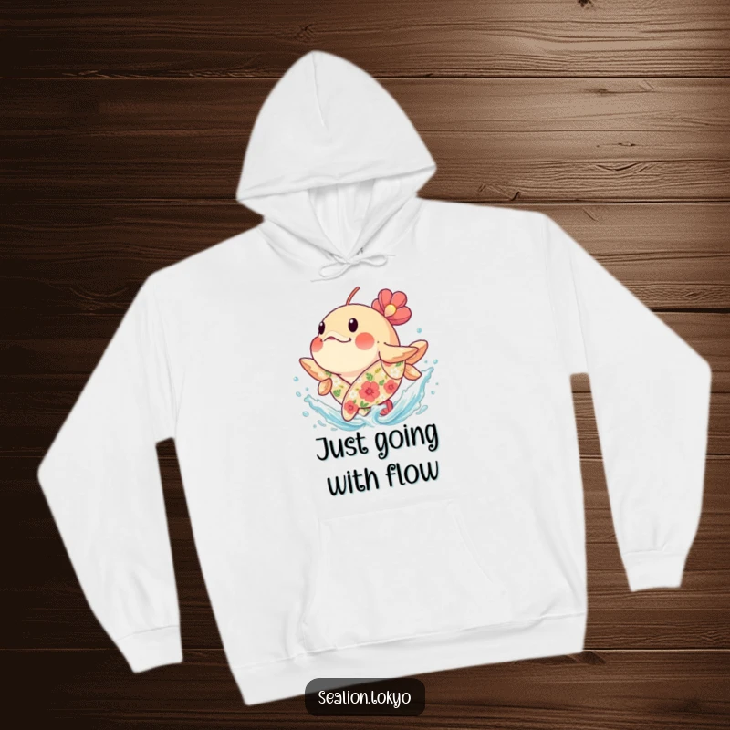 Funny plump seafish in a floral robe splashing water, on a warm hoodie, for cozy and humorous vibes.