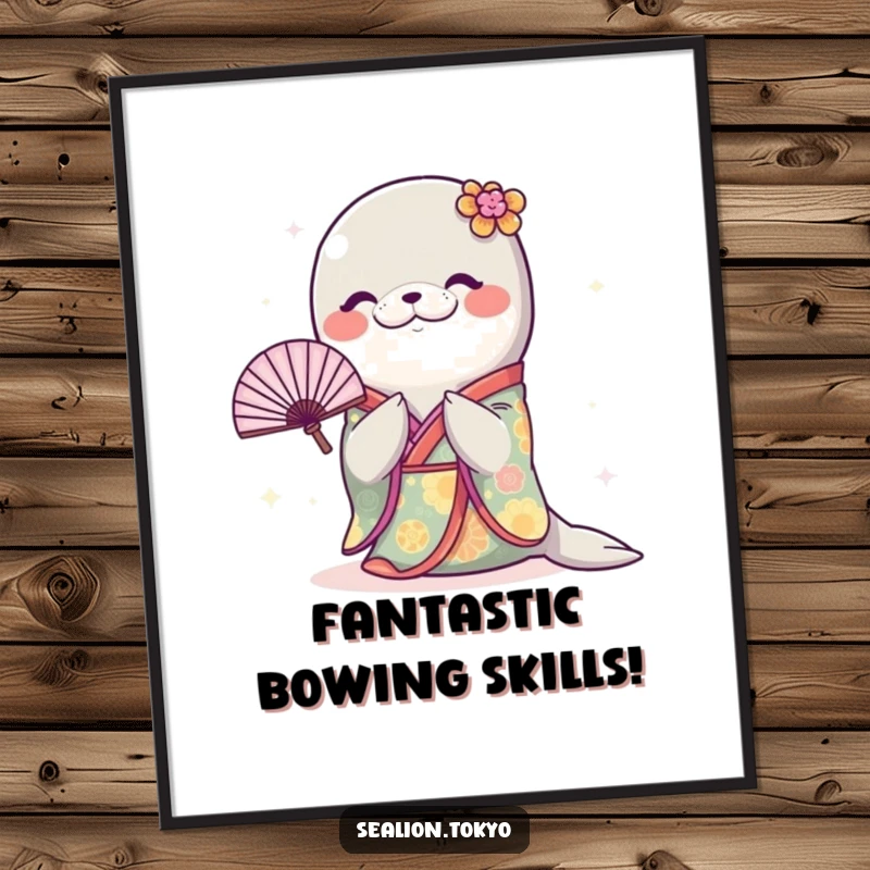 Funny Free Printable Sealion Wall Art: Sealion in a colorful kimono bowing with a fan.