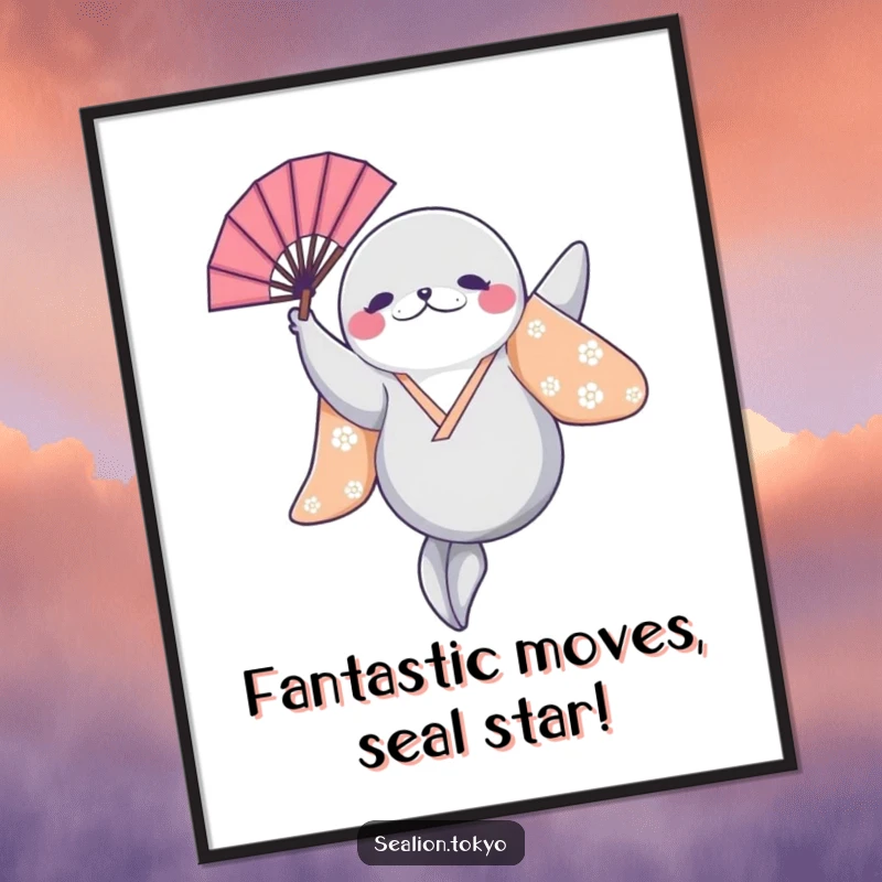 Funny Free Printable Sealion Wall Art: Sealion in a bright kimono leaping with a fan.