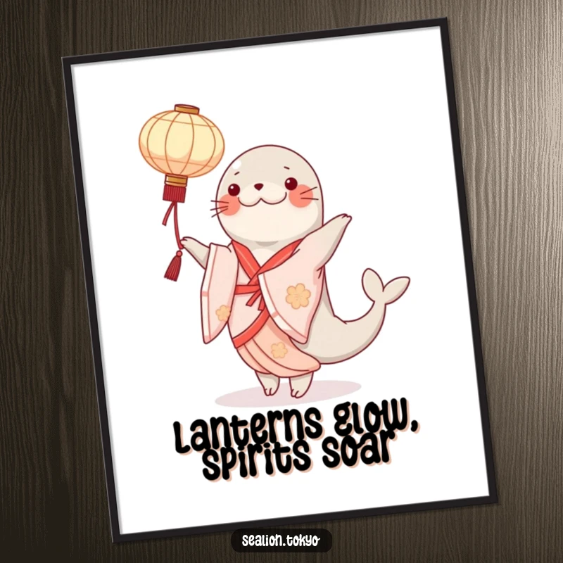 Funny Free Printable Wall Art: A seal lion in an elegant kimono performs a graceful dance twirling a paper lantern.