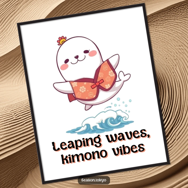 Free Printable Wall Art: Sea lion in a festive kimono joyfully leaping over a small wave