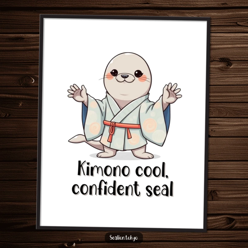 Free Printable Wall Art: Kawaii sea lion striking a confident pose in a colorful wide-sleeved kimono