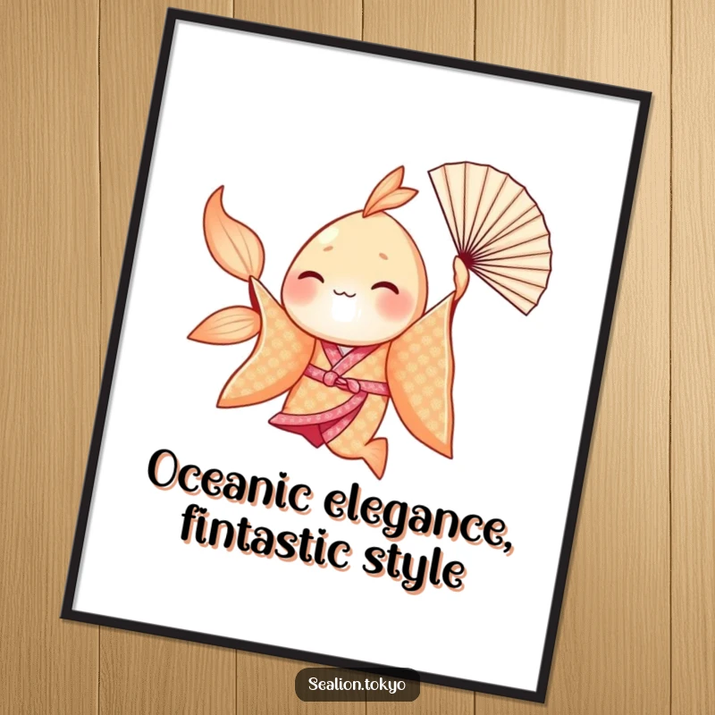 Funny Free Printable Wall Art of a seafish in a shimmering kimono, gracefully spinning with a fan.