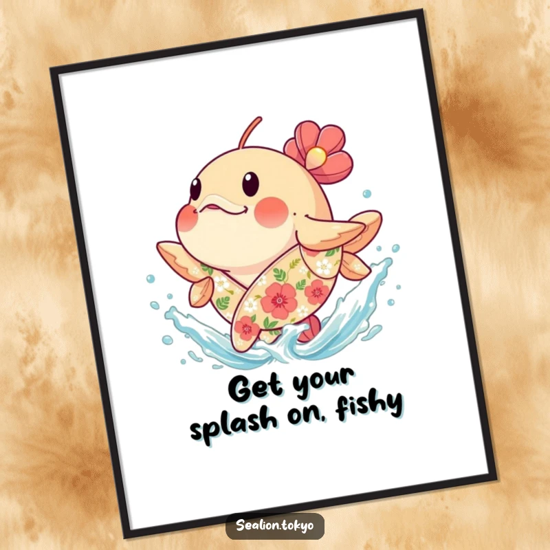 Funny Free Printable Wall Art: Plump round seafish in a floral robe joyfully splashing water, creating a dynamic and humorous scene.