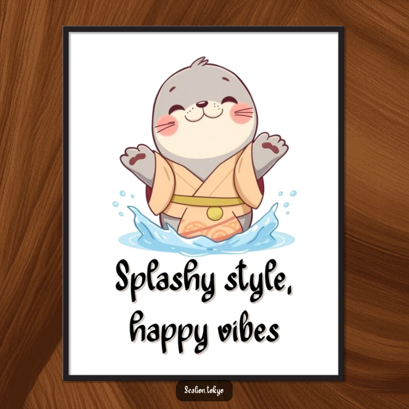 Funny Free Printable Wall Art: A playful seal lion in a cheerful kimono is splashing water with its paws.