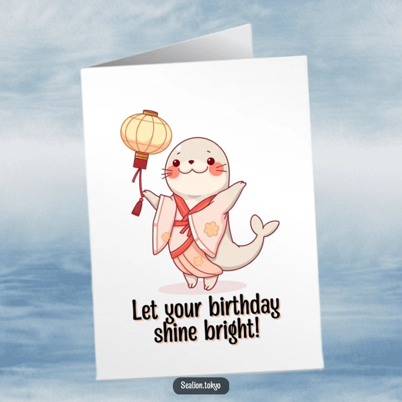Funny Free Printable Birthday Card: A seal lion in an elegant kimono gracefully twirls a glowing paper lantern.
