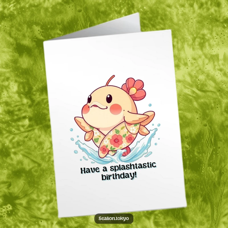 Funny Free Printable Birthday Card: Plump round seafish in a floral robe joyfully splashing water, embodying birthday celebration.