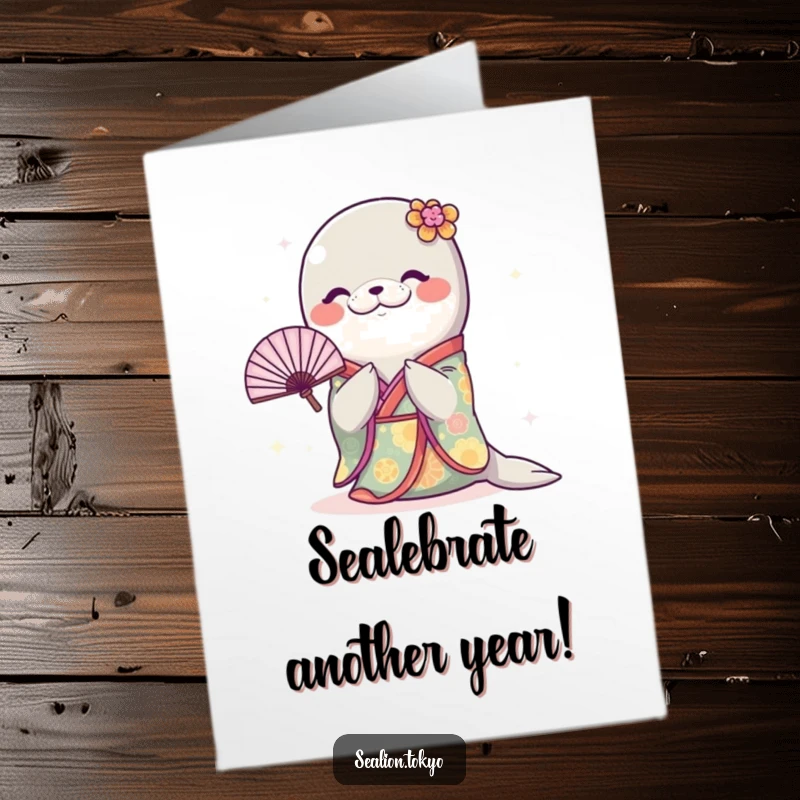 Funny Free Printable Sealion Card: Sealion in a colorful kimono bowing happily with a fan.