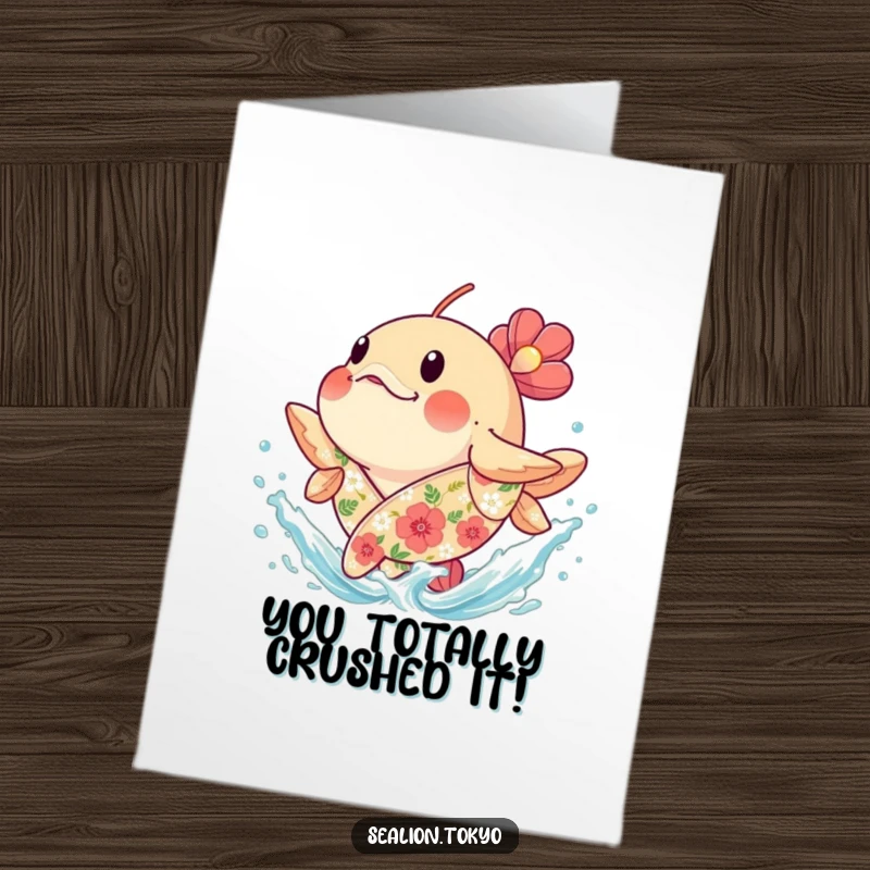 Funny Free Printable Congratulations Card: Joyful seafish in a floral robe gleefully splashing water, celebrating new achievements.
