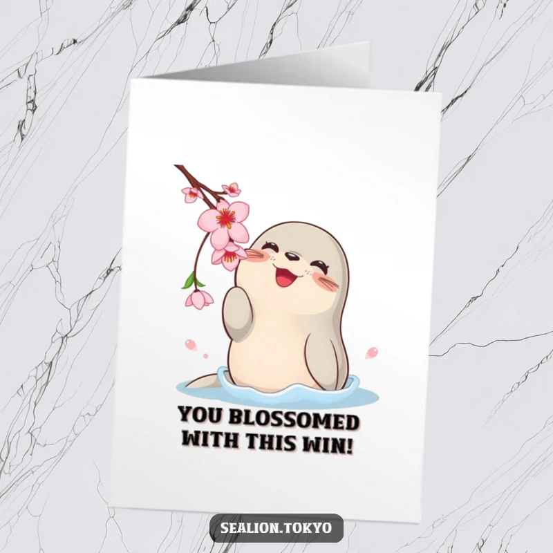 Free Printable Congrats Card: Joyful sea lion flippers batting at a cherry blossom