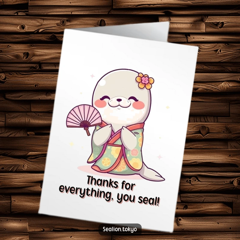 Funny Free Printable Sealion Card: Sealion in a colorful kimono bowing with a fan.