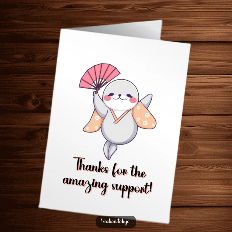 Funny Free Printable Sealion Card: Sealion in a bright kimono leaping with a fan aloft.