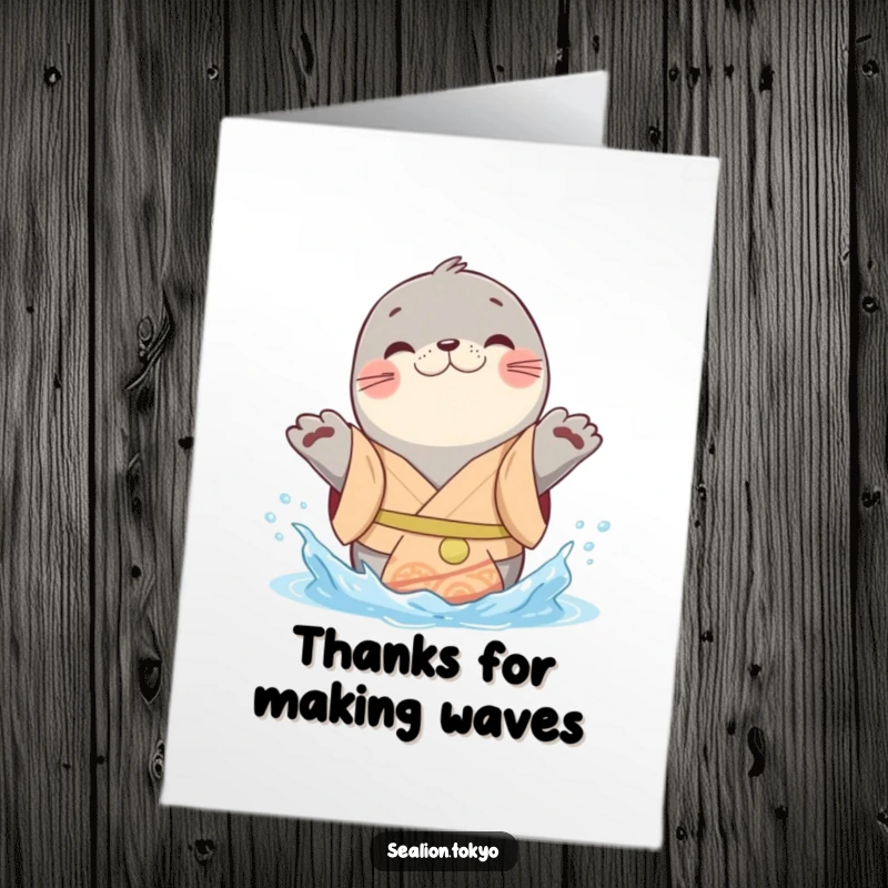 Funny Free Printable Thank You Card: A playful seal lion in a cheerful kimono splashes water with its paws.